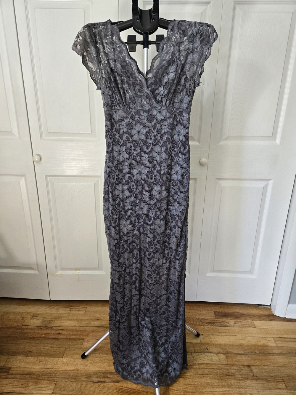 MARINA Grey Lace V-Neck Maxi Dress